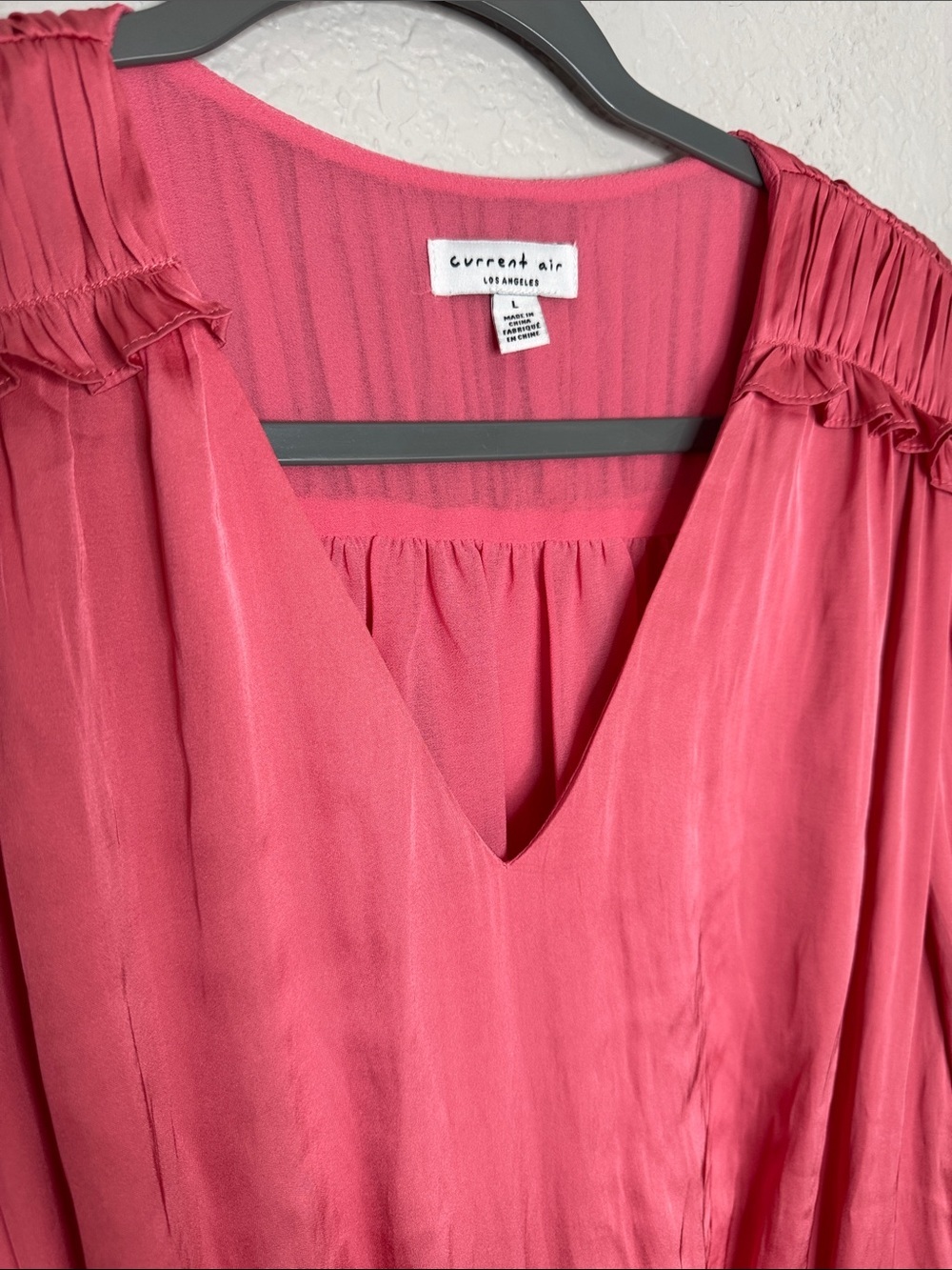 Current Air Pink Satin Ruffle Mini Dress Size Large Carly Pleated Long Sleeve - Picture 3 of 5